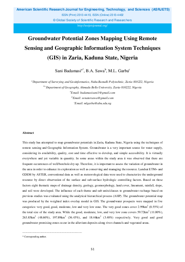 (PDF) Groundwater Potential Zones Mapping Using Remote Sensing and ...