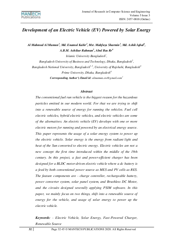 (PDF) Development of an Electric Vehicle (EV) Powered by Solar Energy