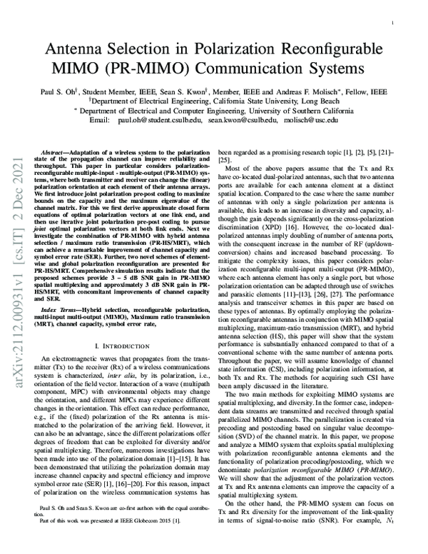 (PDF) Antenna Selection in Polarization Reconfigurable MIMO (PR-MIMO ...