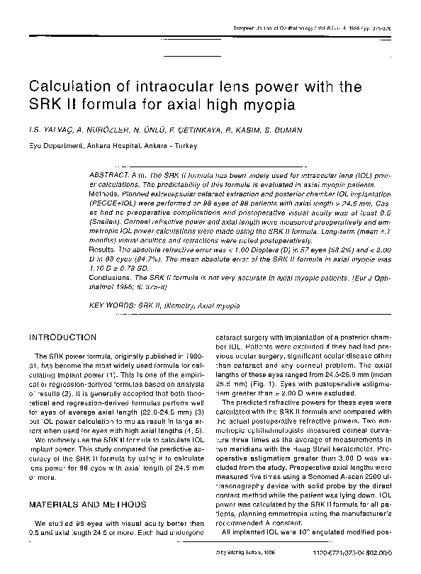 (PDF) Calculation of Intraocular Lens Power with the Srk Ii Formula for