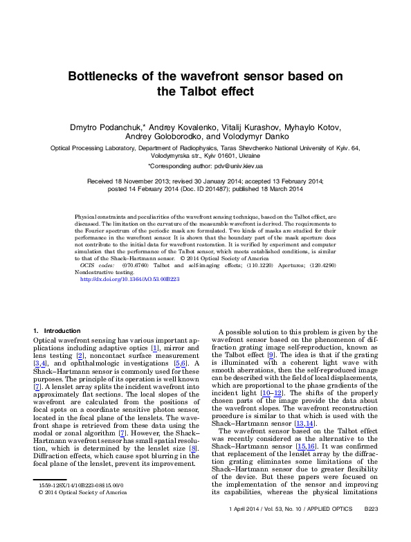 (PDF) Bottlenecks of the wavefront sensor based on the Talbot effect