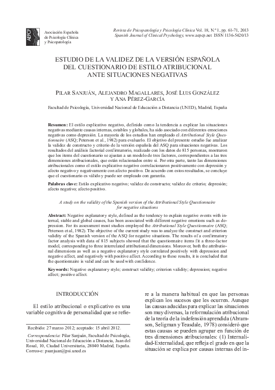 (PDF) Estudio de la validez de la versión española del Cuestionario de ...