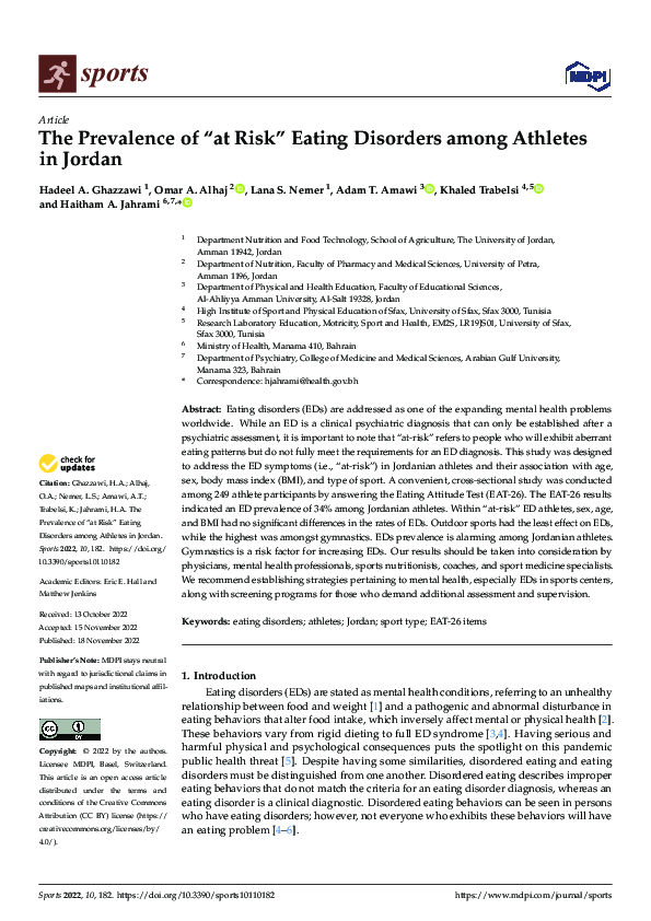 (PDF) The Prevalence of “at Risk” Eating Disorders among Athletes in Jordan