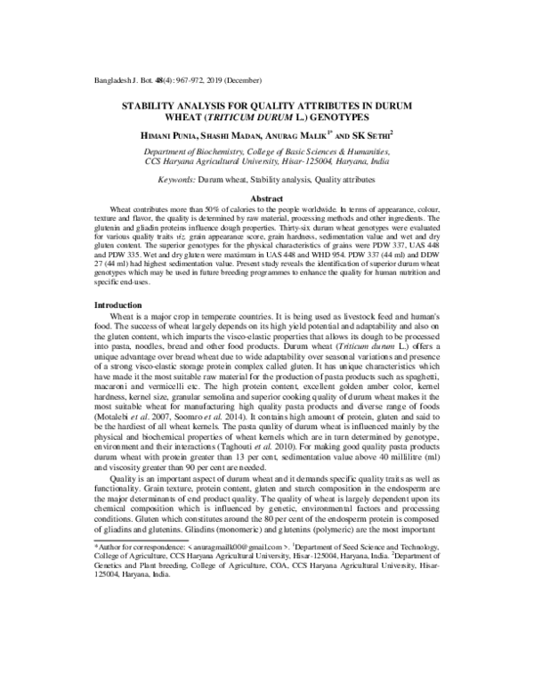 (PDF) Stability analysis for quality attributes in durum wheat ...