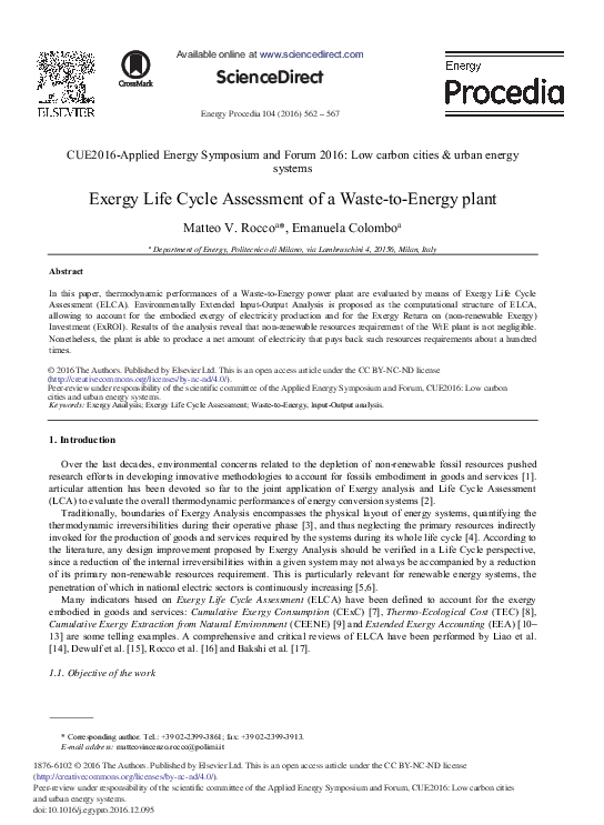 (PDF) Exergy Life Cycle Assessment of a Waste-to-Energy Plant