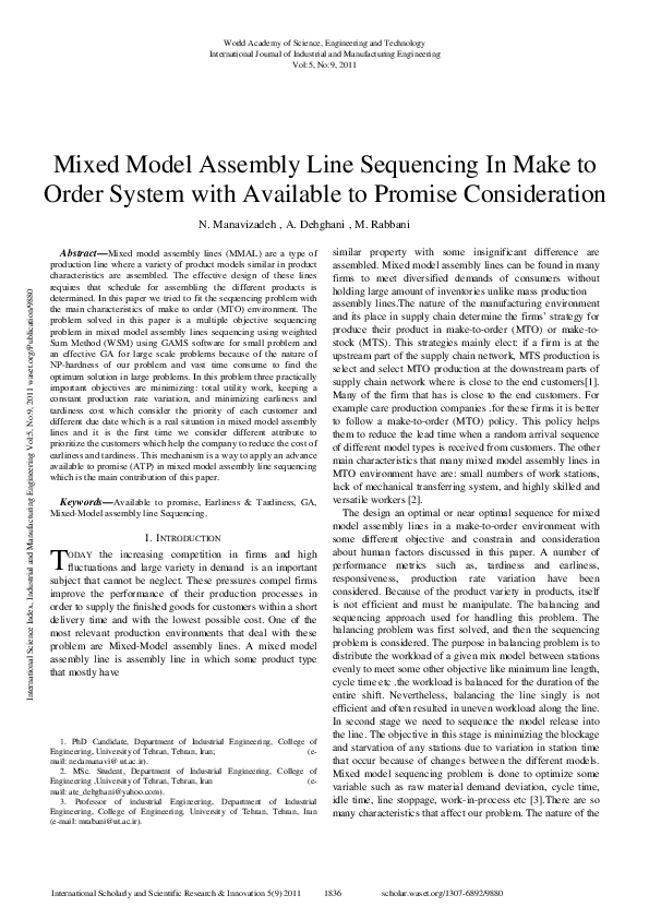 (PDF) Mixed Model Assembly Line Sequencing In Make To Order System With ...