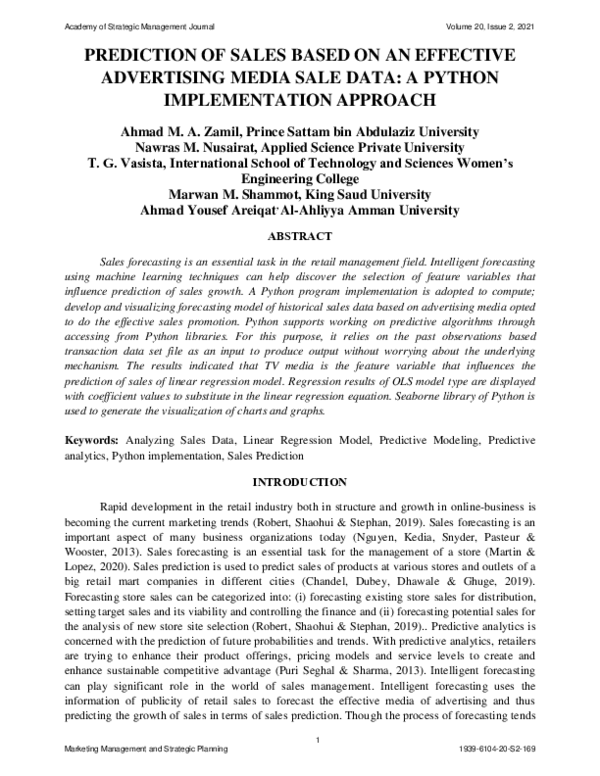 (PDF) PREDICTION OF SALES BASED ON AN EFFECTIVE ADVERTISING MEDIA SALE ...