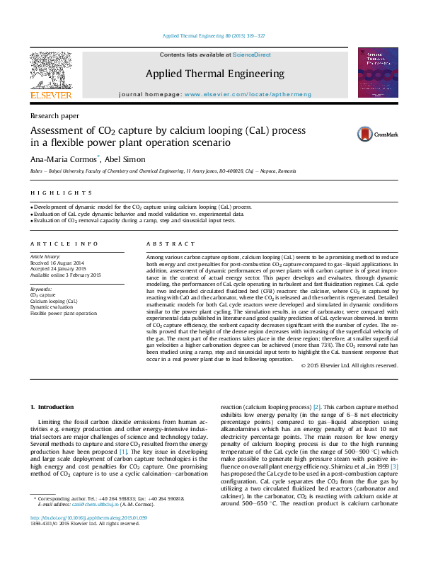 (PDF) Assessment of CO2 capture by calcium looping (CaL) process in a ...