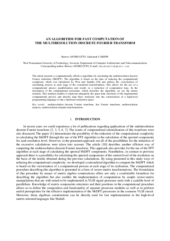(PDF) An algorithm for fast computation of the multiresolution discrete ...