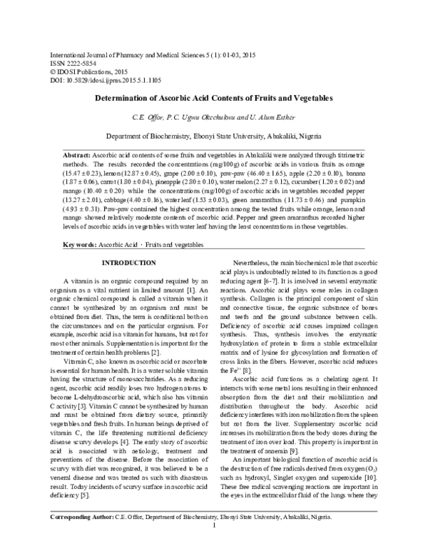 (PDF) Determination of Ascorbic Acid Contents of Fruits and Vegetables