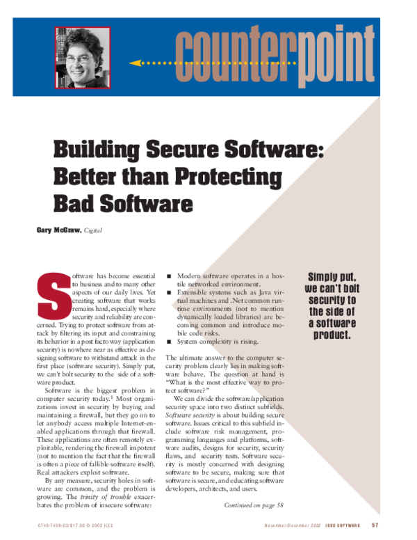 (PDF) Building secure software: better than protecting bad software