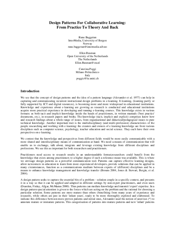 (PDF) Design patterns for collaborative learning: From practice to ...