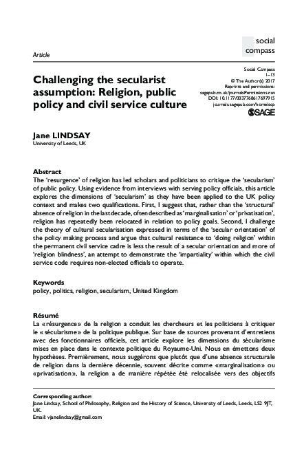 (PDF) Challenging the secularist assumption: Religion, public policy ...