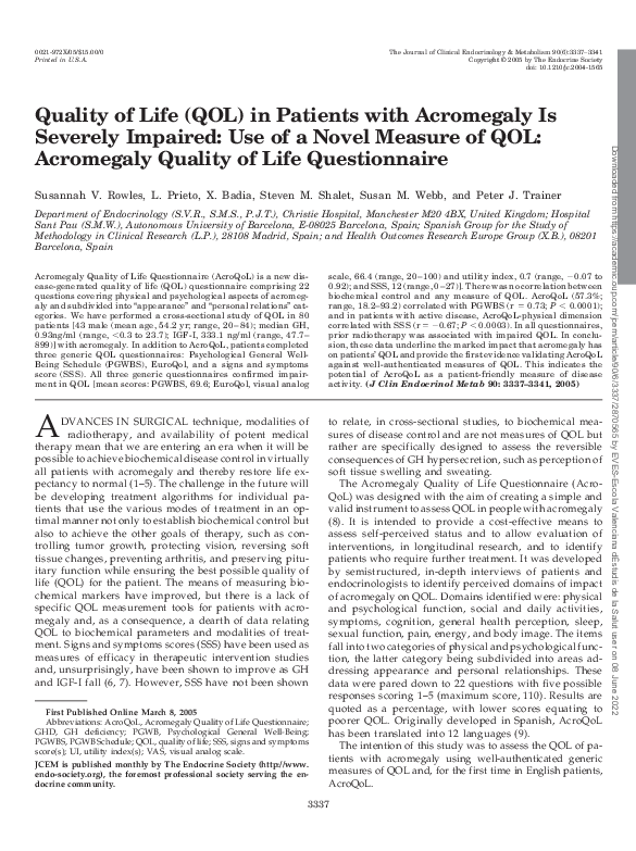 (PDF) Quality of Life (QOL) in Patients with Acromegaly Is Severely ...