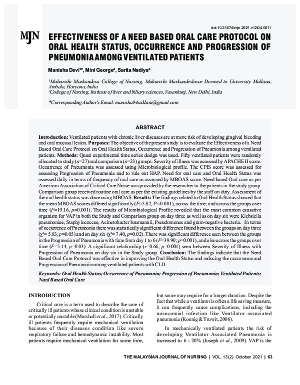 (PDF) Effectiveness of a Need Based Oral Care Protocol on Oral Health ...