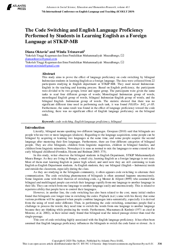 (PDF) The Code Switching and English Language Proficiency Performed by ...