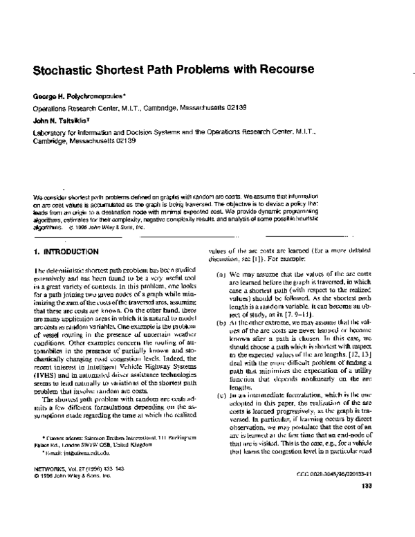 (PDF) Stochastic shortest path problems with recourse