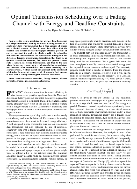 (PDF) Optimal transmission scheduling over a fading channel with energy ...