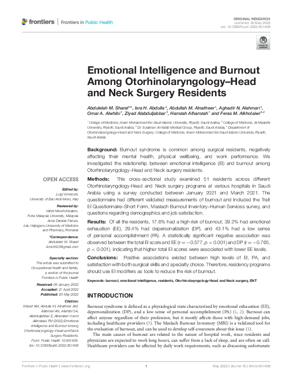 (PDF) Emotional Intelligence and Burnout Among Otorhinolaryngology–Head ...