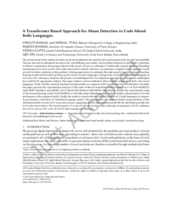 (PDF) A Transformer Based Approach for Abuse Detection in Code Mixed ...