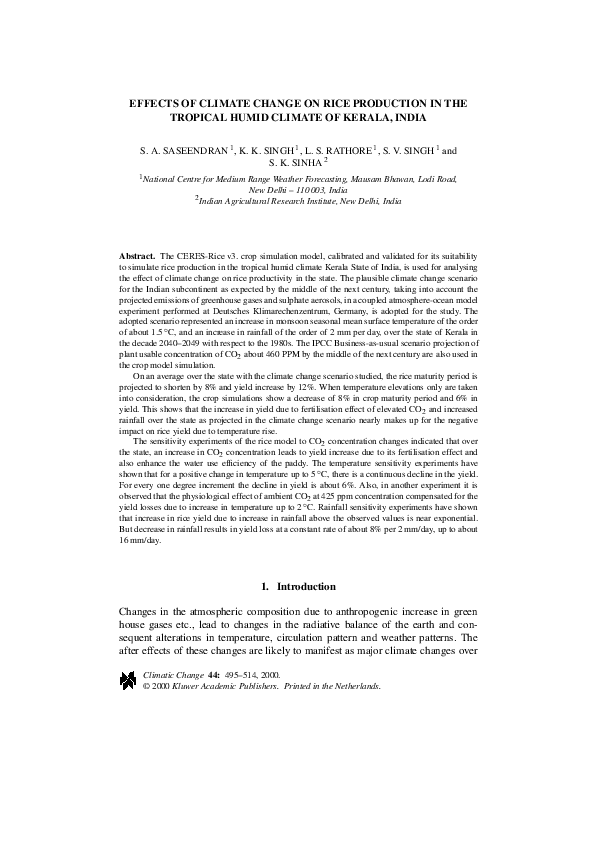 (PDF) Effects of Climate Change on Rice Production in the Tropical ...