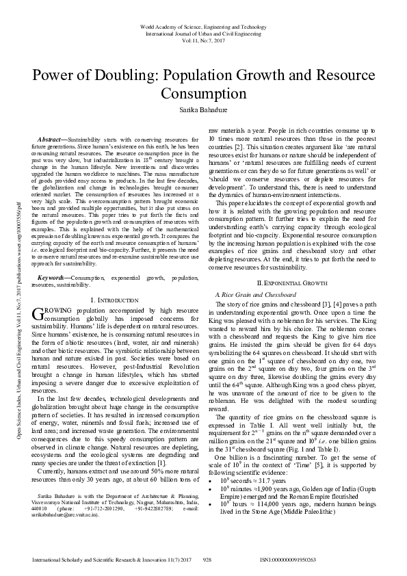 (PDF) Power Of Doubling: Population Growth And Resource Consumption