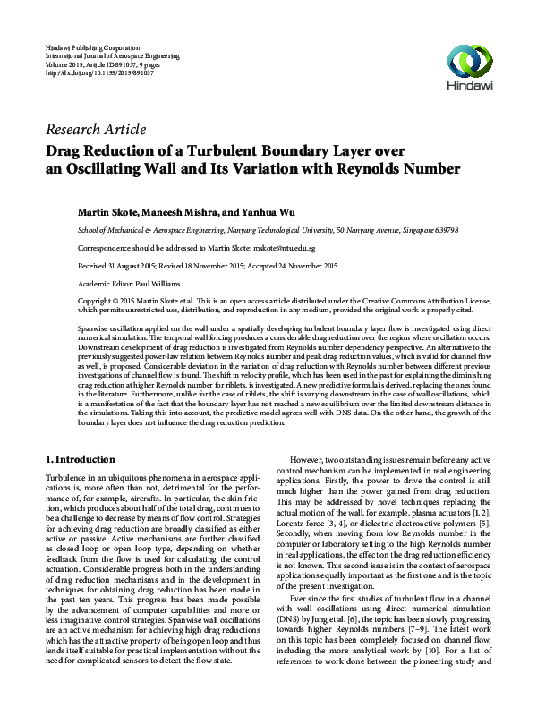 (PDF) Drag Reduction of a Turbulent Boundary Layer over an Oscillating ...