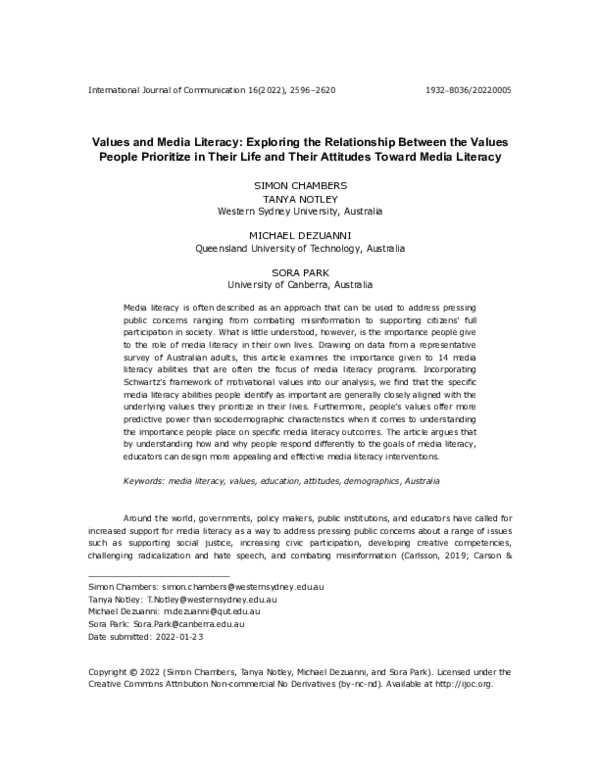 (PDF) Values and Media Literacy: Exploring the Relationship Between the ...