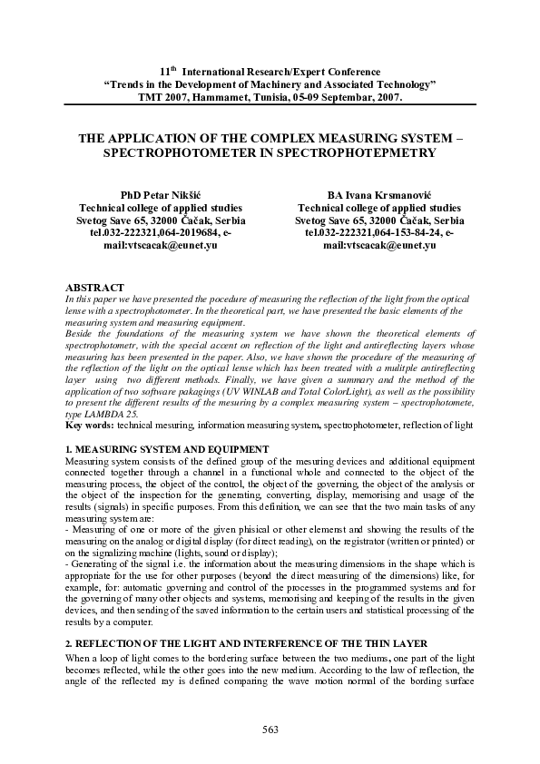 (PDF) The Application of the Complex Measuring System ...