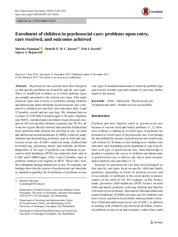 (PDF) Enrolment of children in psychosocial care: problems upon entry ...