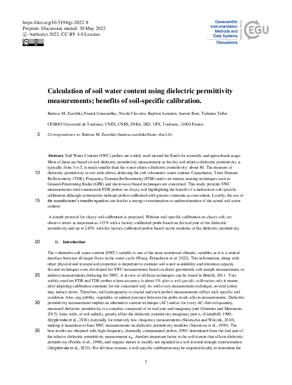 (PDF) Calculation of soil water content using dielectric permittivity ...