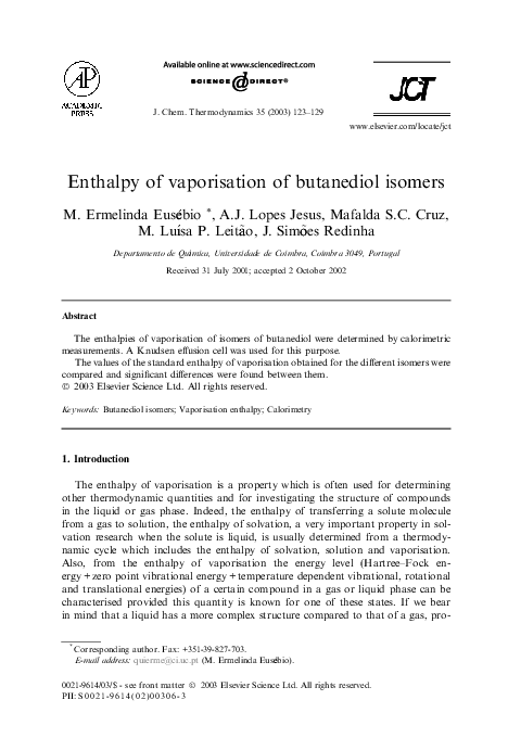 (PDF) Enthalpy of vaporisation of butanediol isomers