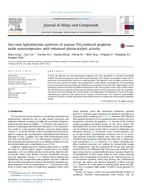 (PDF) One-step hydrothermal synthesis of anatase TiO2/reduced graphene ...