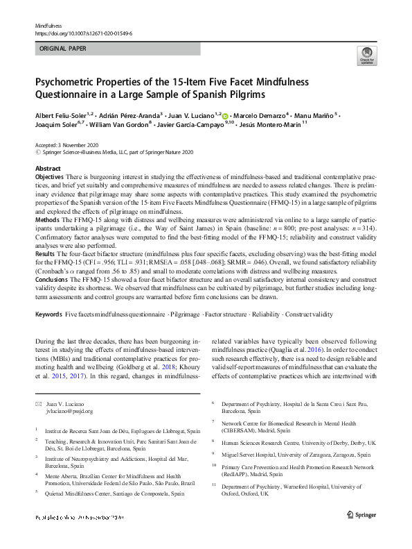 (PDF) Psychometric Properties of the 15-Item Five Facet Mindfulness ...