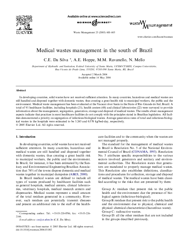 (PDF) Medical wastes management in the south of Brazil