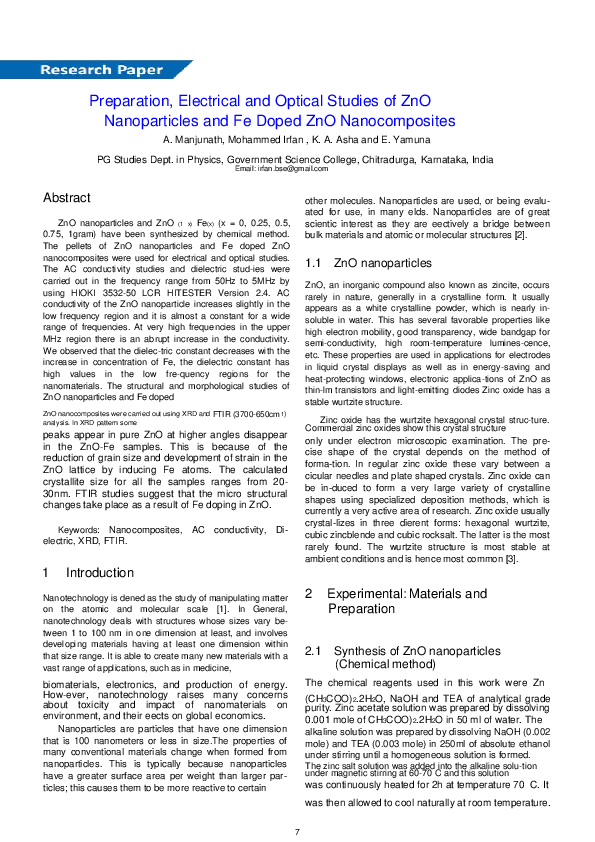 (PDF) Preparation, Electrical and Optical Studies of ZnO Nanoparticles ...