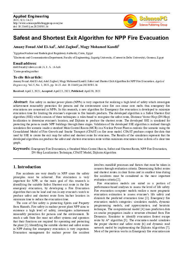 (PDF) Safest and Shortest Exit Algorithm for NPP Fire Evacuation