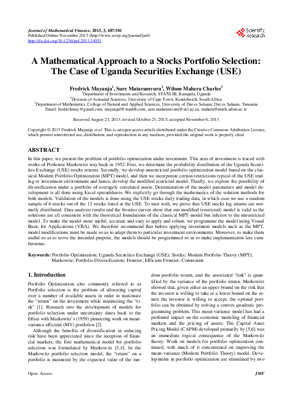 (PDF) A Mathematical Approach to a Stocks Portfolio Selection: The Case ...