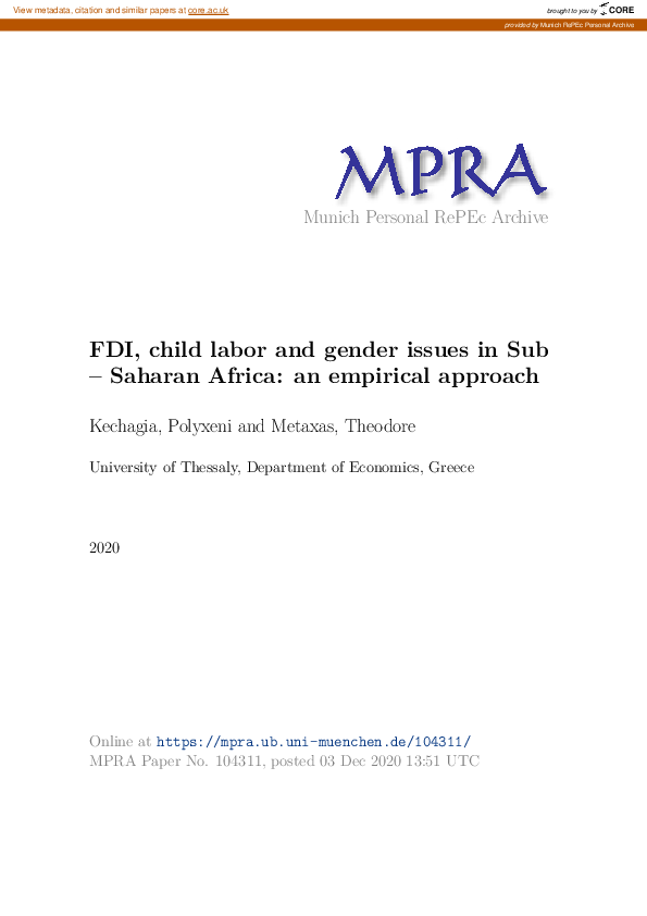 (PDF) FDI, child labor and gender issues in Sub – Saharan Africa: an ...