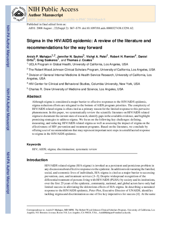 Stigma in the HIV/AIDS epidemic: a review of the literature and ...