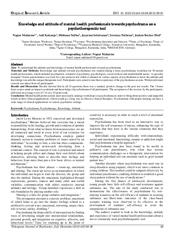 (PDF) Knowledge and attitude of mental health professionals towards ...