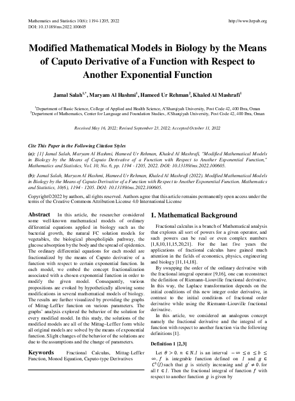 (PDF) Modified Mathematical Models in Biology by the Means of Caputo ...
