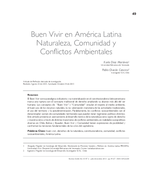 (PDF) Buen Vivir en América Latina Naturaleza, Comunidad y Conflictos ...