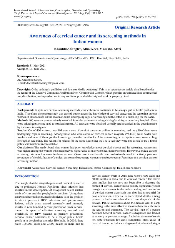 (PDF) Awareness of cervical cancer and its screening methods in Indian ...