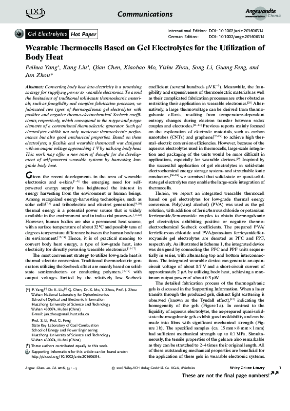 (PDF) Wearable Thermocells Based on Gel Electrolytes for the