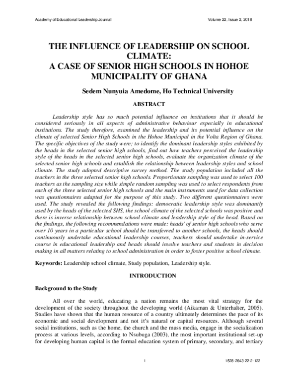 (PDF) The Influence of Leadership On School Climate: A Case of Senior ...