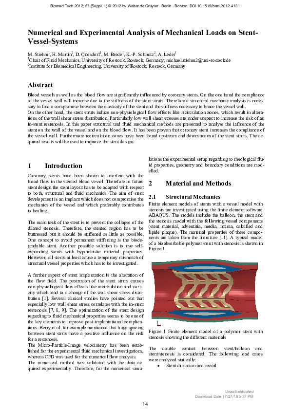 (PDF) Numerical and Experimental Analysis of Mechanical Loads on Stent ...