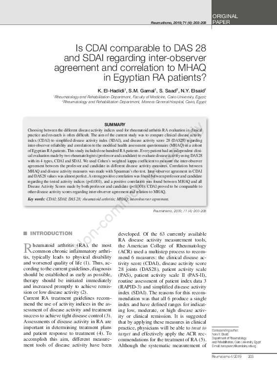 (PDF) Is CDAI comparable to DAS 28 and SDAI regarding inter-observer ...