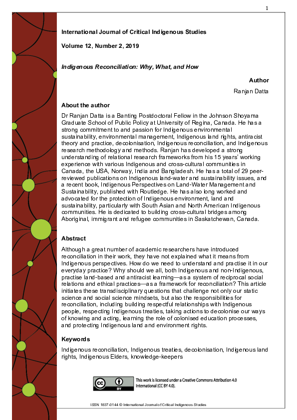 (PDF) Indigenous Reconciliation: Why, What, and How