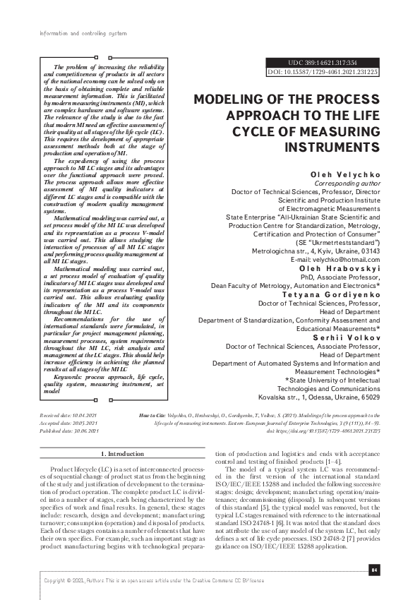 (PDF) Modeling of the process approach to the life cycle of measuring ...